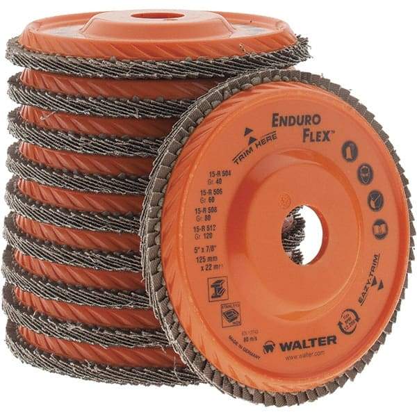 Value Collection - 40 Grit, 5" Disc Diam, 7/8" Center Hole, Type 28 Ceramic Flap Disc - 12,200 Max RPM, Coated - USA Tool & Supply
