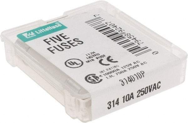 Value Collection - 250 VAC, 10 Amp, Fast-Acting Miniature Glass/Ceramic Fuse - 1-1/4" OAL, 1/4" Diam - USA Tool & Supply