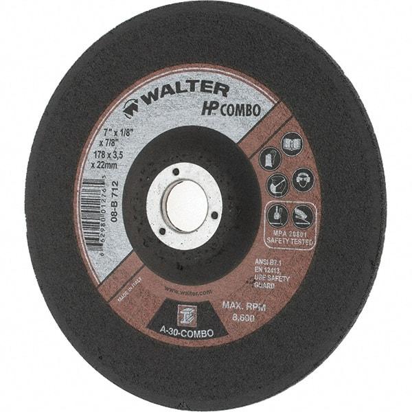 Value Collection - 30 Grit, 7" Wheel Diam, 1/8" Wheel Thickness, 7/8" Arbor Hole, Type 27 Depressed Center Wheel - Aluminum Oxide, Resinoid Bond, 8,600 Max RPM - USA Tool & Supply