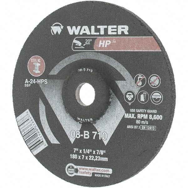 Value Collection - 24 Grit, 7" Wheel Diam, 1/4" Wheel Thickness, 7/8" Arbor Hole, Type 27 Depressed Center Wheel - Aluminum Oxide, Resinoid Bond, 8,600 Max RPM - USA Tool & Supply