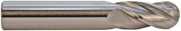 M.A. Ford - 9/16" Diam, 1-1/8" LOC, 4 Flute Solid Carbide Ball End Mill - ALtima Finish, Single End, 3-1/2" OAL, 9/16" Shank Diam, Spiral Flute - USA Tool & Supply