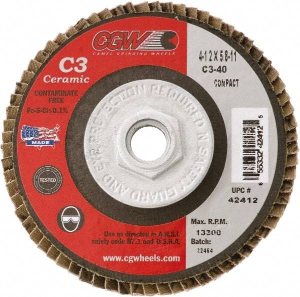 Camel Grinding Wheels - 36 Grit, 7" Disc Diam, 5/8-11 Center Hole, Type 29 Ceramic Flap Disc - 8,600 Max RPM, Polyester Backing, Arbor Attaching System, Coated - USA Tool & Supply