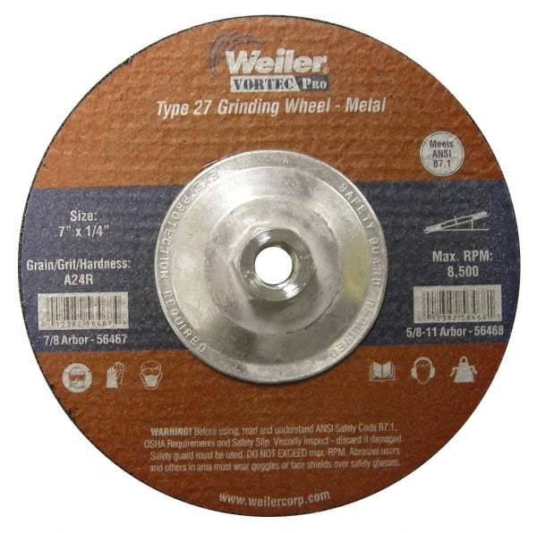 Weiler - 24 Grit, 7" Wheel Diam, 1/4" Wheel Thickness, Type 27 Depressed Center Wheel - Very Coarse Grade, Aluminum Oxide, Resinoid Bond, R Hardness, 8,500 Max RPM - USA Tool & Supply