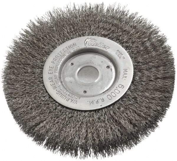 Weiler - 6" OD, 3/4" Arbor Hole, Crimped Steel Wheel Brush - 1/2" Face Width, 1-7/16" Trim Length, 0.0118" Filament Diam, 6,000 RPM - USA Tool & Supply