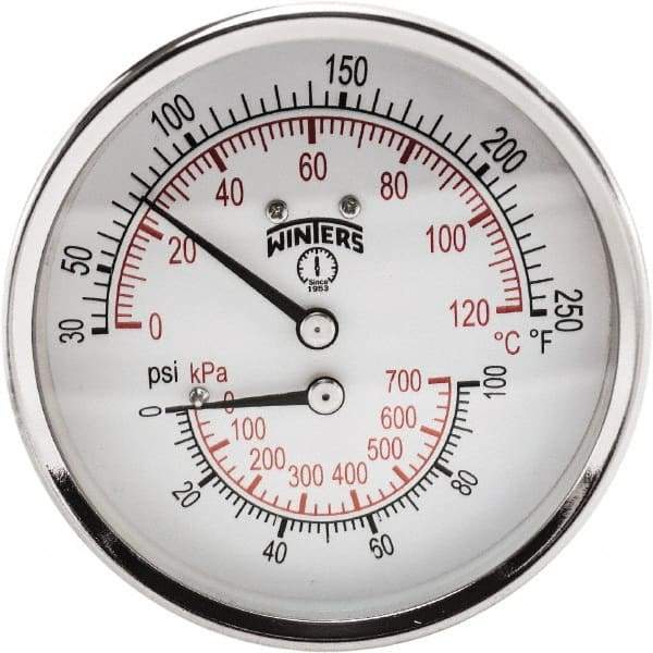 Winters - 3" Dial, 1/2 Thread, 0-100 Scale Range, Pressure Gauge - Center Back Connection Mount, Accurate to 0.03% of Scale - USA Tool & Supply