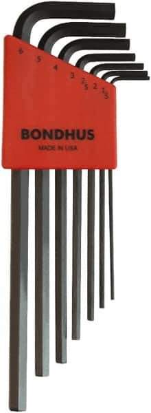 Bondhus - 7 Piece L-Key Ball End Hex Key Set - Hex Range 1.5 to 6mm, 8-3/4" OAL, Protanium High Torque Steel - USA Tool & Supply