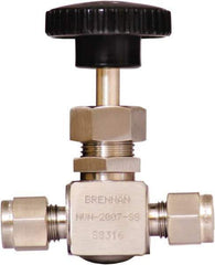Brennan - 1/4" Pipe, Straight Needle Valve - PTFE Seal, Tube Ends, Stainless Steel Valve, 6,000 Max psi - USA Tool & Supply