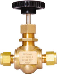 Brennan - 3/8" Pipe, Straight Needle Valve - PTFE Seal, Tube Ends, Brass Valve, 3,000 Max psi - USA Tool & Supply