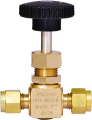Brennan - 1/4" Pipe, Straight Needle Valve - PTFE Seal, Tube Ends, Brass Valve, 3,000 Max psi - USA Tool & Supply
