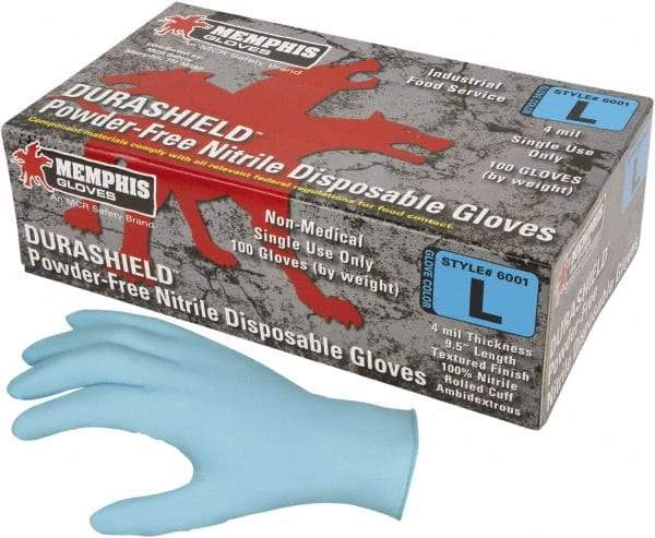 MCR Safety - Size 3XL, 4 mil, Industrial Grade, Powder Free Nitrile Disposable Gloves - 9-1/2" Long, Blue, Textured Rolled Cuffs, FDA Approved, Ambidextrous - USA Tool & Supply