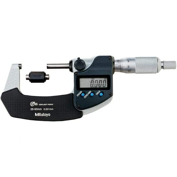 Mitutoyo - Standard Throat IP65 Electronic Outside Micrometer - Ratchet Stop Thimble, Carbide-Tipped Face, SR44 Battery - USA Tool & Supply