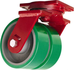 Hamilton - 8" Diam x 3" Wide x 10-1/2" OAH Top Plate Mount Dual Swivel Caster - Polyurethane Mold onto Cast Iron Center, 4,000 Lb Capacity, Tapered Roller Bearing, 6-1/8 x 7-1/2" Plate - USA Tool & Supply
