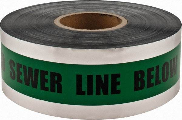 PRO-SAFE - Caution: Buried Sewer Line Below, Detectable Underground Tape - 1,000 Ft. Long x 3 Inch Wide Roll, Polyethylene on Aluminum, 5 mil Thick, Green - USA Tool & Supply