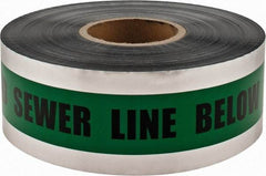 PRO-SAFE - Caution: Buried Sewer Line Below, Detectable Underground Tape - 1,000 Ft. Long x 3 Inch Wide Roll, Polyethylene on Aluminum, 5 mil Thick, Green - USA Tool & Supply