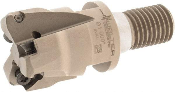 Walter - 21° Lead Angle, 1-1/4" Max Cut Diam, 0.793" Min Cut Diam, 0.039" Max Depth of Cut, Indexable Chamfer & Angle End Mill - 3 Inserts, P23696 Insert Style, 69.01mm OAL, Through Coolant, Threaded Shank - USA Tool & Supply