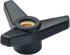 Elesa - 3-1/8" Head Diam, 1.375" High, Glass Fibre Reinforced Technopolymer 3 Arm Knob - 1/2-13 Stem, 1-1/4" Hub Diam, 1.18 Head Height, Thru Female Insert Style, 1-1/4 Hole Depth, Black - USA Tool & Supply