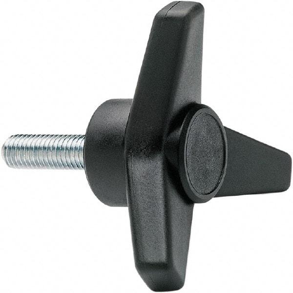 Elesa - 1-3/4" Head Diam, 1" High, 3/4" Long Thread, Glass Fibre Reinforced Technopolymer 3 Arm Knob - 3/8-16 Stem, 3/4" Hub Diam, 0.98 Head Height, Threaded Stem Style, Black - USA Tool & Supply