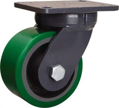 Hamilton - 6" Diam x 3" Wide x 8" OAH Top Plate Mount Swivel Caster - Polyurethane Mold onto Cast Iron Center, 2,200 Lb Capacity, Tapered Roller Bearing, 5-1/4 x 7-1/4" Plate - USA Tool & Supply