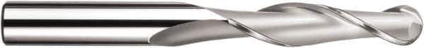 SGS - 5/8" Diam, 2-1/4" LOC, 2 Flute Solid Carbide Ball End Mill - TiN Finish, Single End, 5" OAL, 5/8" Shank Diam, Spiral Flute - USA Tool & Supply