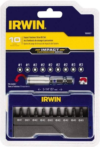 Irwin - 10 Piece, Screwdriver Insert Bit Set - #1 to #3 Square Recess - USA Tool & Supply