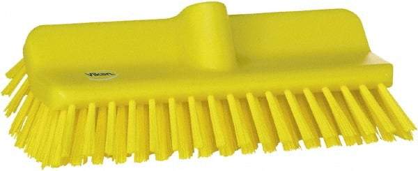 Vikan - 1-1/2" Bristle Length, Polyester Cleaning & Finishing Brush - 9-5/8" Long x 5" Wide Head, 10" OAL, European Threaded Handle, Yellow, Polypropylene Block - USA Tool & Supply