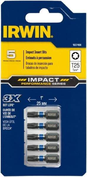 Irwin - 1/4" Drive T25 Torx Screwdriver Bit - 1" OAL, Insert Bit - USA Tool & Supply