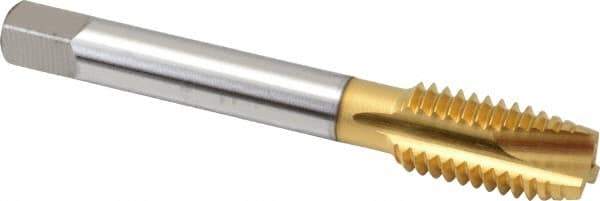 OSG - 1/2-13 UNC, 3 Flute, TiN Finish, High Speed Steel Spiral Point Tap - Plug Chamfer, Right Hand Thread, 3-3/8" OAL, 1-21/32" Thread Length, 0.367" Shank Diam, 2B Class of Fit, Series 105 - Exact Industrial Supply