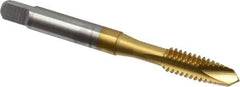 OSG - 1/4-20 UNC, 2 Flute, TiN Finish, High Speed Steel Spiral Point Tap - Plug Chamfer, Right Hand Thread, 2-1/2" OAL, 1" Thread Length, 0.255" Shank Diam, 2B Class of Fit, Series 105 - Exact Industrial Supply