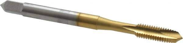 OSG - #10-32 UNF, 2 Flute, TiN Finish, High Speed Steel Spiral Point Tap - Plug Chamfer, Right Hand Thread, 2-3/8" OAL, 7/8" Thread Length, 0.194" Shank Diam, Series 105 - Exact Industrial Supply