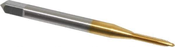 OSG - #1-72 UNF, 2 Flute, TiN Finish, High Speed Steel Spiral Point Tap - Plug Chamfer, Right Hand Thread, 1-11/16" OAL, 3/8" Thread Length, 0.141" Shank Diam, 2B Class of Fit, Series 105 - Exact Industrial Supply