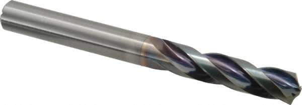 OSG - 1/2" 140° Spiral Flute Solid Carbide Screw Machine Drill Bit - WD1 Finish, Right Hand Cut, 64mm Flute Length, 128mm OAL, Split Point, Straight Shank, Through Coolant - USA Tool & Supply