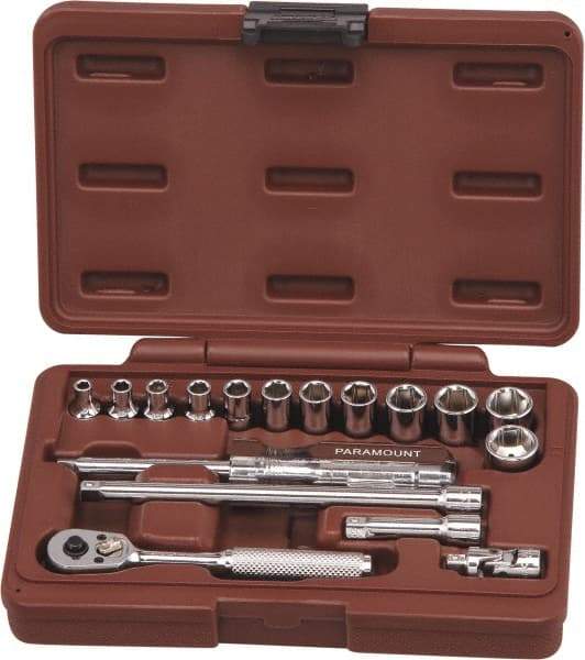 Paramount - 17 Piece 1/4" Drive Chrome Finish Socket Set - 6 Points, 4mm to 14mm Range, Metric Measurement Standard - USA Tool & Supply