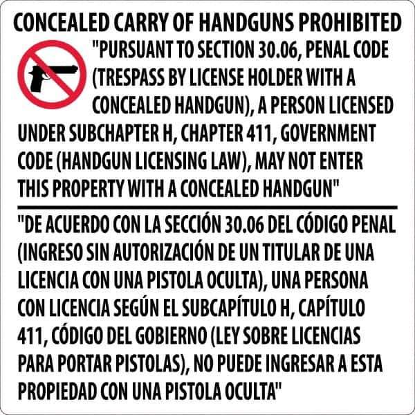 NMC - "Concealed Carry of Handguns Prohibited", 24" Long x 24" Wide, Rigid Plastic Safety Sign - Square, 0.05" Thick, Use for Accident Prevention - USA Tool & Supply