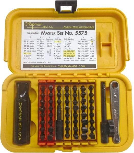 Chapman - 56 Piece, Screwdriver 1/4" Bit Ratchet Bit Set - #1 to #4 Phillips, 0.05 to 5/16" Hex, T6 to T30 Torx - USA Tool & Supply