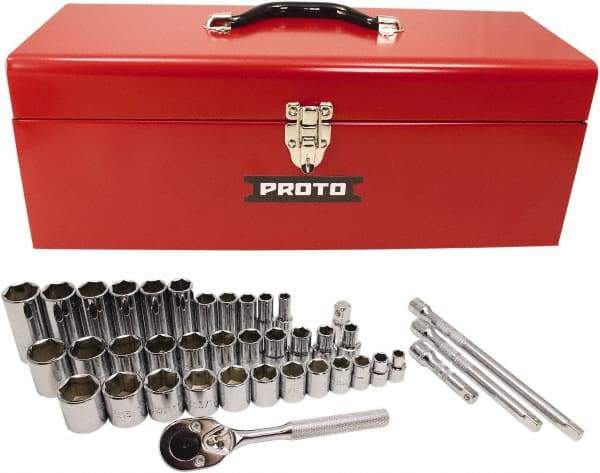 Proto - 39 Piece 3/8" & 1/2" Drive Chrome Finish Deep Well Socket Set - 6 Points, 5/16" to 1" Range, Inch Measurement Standard - USA Tool & Supply