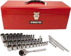 Proto - 39 Piece 3/8" & 1/2" Drive Chrome Finish Deep Well Socket Set - 6 Points, 5/16" to 1" Range, Inch Measurement Standard - USA Tool & Supply