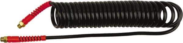 PRO-SOURCE - 1/4" ID, 1/4 Thread, 15' Long, Black Polyurethane Coiled & Self Storing Hose - 145 Max psi, Male Swivel x Male Swivel - USA Tool & Supply