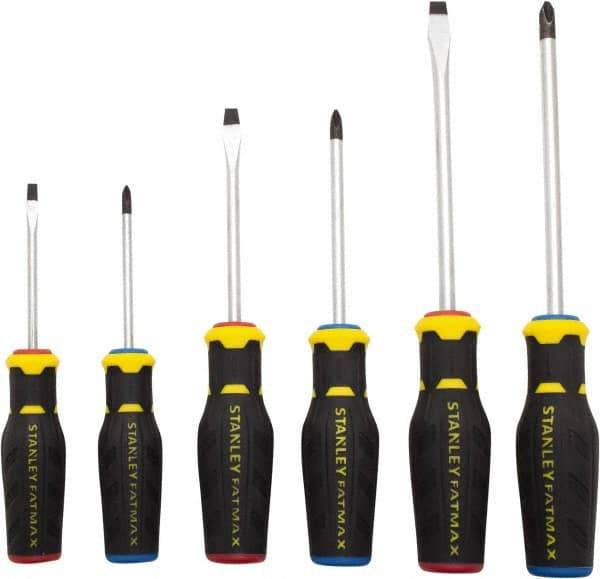 Stanley - 6 Piece Slotted & Phillips Screwdriver Set - Ergonomic & Bi-material Handle, Blade Sizes: Length 3 to 6, Width 3/16, 1/4 & 5/16, Bit Sizes: Philips #1 to #3 - USA Tool & Supply