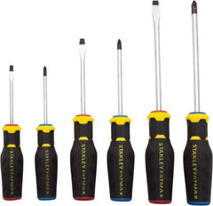 Stanley - 6 Piece Slotted & Phillips Screwdriver Set - Ergonomic & Bi-material Handle, Blade Sizes: Length 3 to 6, Width 3/16, 1/4 & 5/16, Bit Sizes: Philips #1 to #3 - USA Tool & Supply