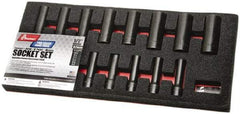 Ability One - 15 Piece 1/2" Drive Deep Well Impact Socket Set - 6 Points, 10mm to 24mm Range, Metric Measurement Standard - USA Tool & Supply