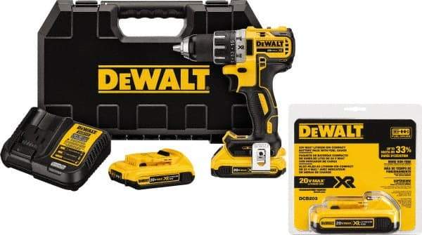 DeWALT - 20 Volt 1/2" Chuck Mid-Handle Cordless Drill - 0-500 & 0-2000 RPM, Keyless Chuck, Reversible, 3 Lithium-Ion Batteries Included - USA Tool & Supply