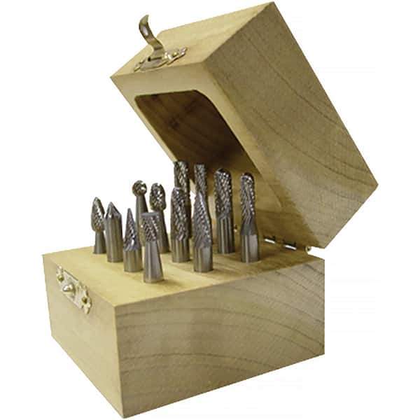 Made in USA - 8 Piece, 1/4" Shank Burr Set - Multiple Head Shapes, Solid Carbide - USA Tool & Supply