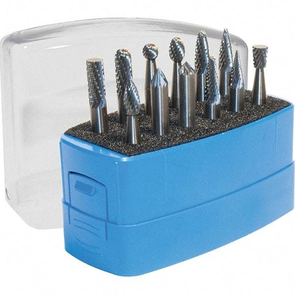 Made in USA - 9 Piece, 3mm Shank Burr Set - Solid Carbide, Multiple Head Shapes, 3° Included Angle - USA Tool & Supply