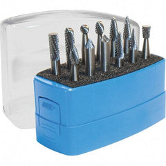 Made in USA - 8 Piece, 1/4" Shank Burr Set - Multiple Head Shapes, Solid Carbide - USA Tool & Supply