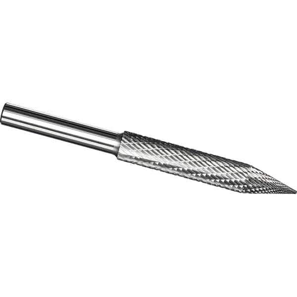 Made in USA - 1/2" Cut Diam, 3/8" Shank Diam, Cone Head Tire Cut Burr - Carbide, 3" LOC, 5" OAL - USA Tool & Supply