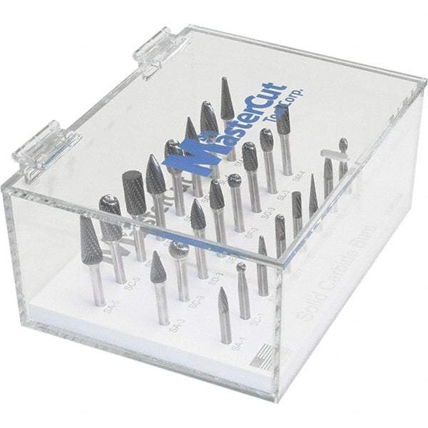 Made in USA - 24 Piece, 1/4" Shank Burr Set - Multiple Head Shapes, Solid Carbide, 14° Included Angle - USA Tool & Supply
