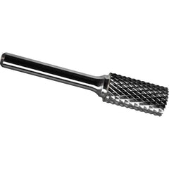 Made in USA - 1/2" Cut Diam, 1/4" Shank Diam, Cylinder with End Cut Head Diamond Cut Burr - Carbide, 1" LOC, 2-3/4" OAL - USA Tool & Supply