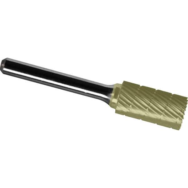 Made in USA - 3/4" Cut Diam, 1/4" Shank Diam, Cylinder with End Cut Head Chipbreaker Cut Burr - Carbide, 1" LOC, 2-3/4" OAL - USA Tool & Supply