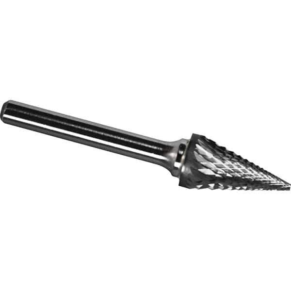 Made in USA - 1/4" Cut Diam, 1/4" Shank Diam, Cone Head Diamond Cut Burr - Carbide, 3/4" LOC, 2" OAL - USA Tool & Supply