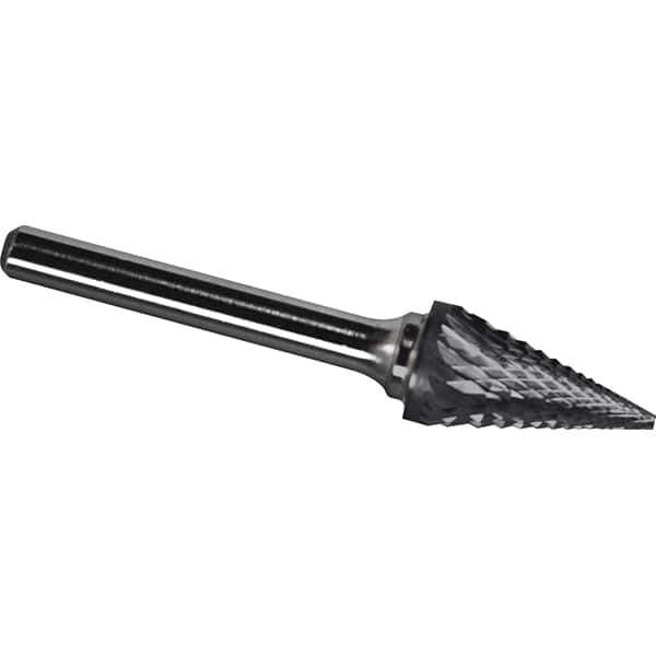 Made in USA - 1/4" Cut Diam, 1/4" Shank Diam, Cone Head Diamond Cut Burr - Carbide, 1" LOC, 2" OAL - USA Tool & Supply